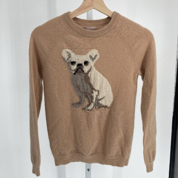 Philosophy Womens Cashmere Bulldog Sweater Camel Tan Graphic Cozy Luxe Winter - Picture 1 of 12